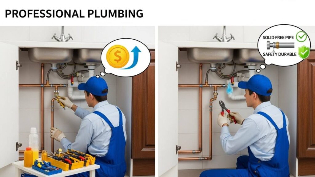 A split visual comparison showing DIY plumbing vs professional plumbing