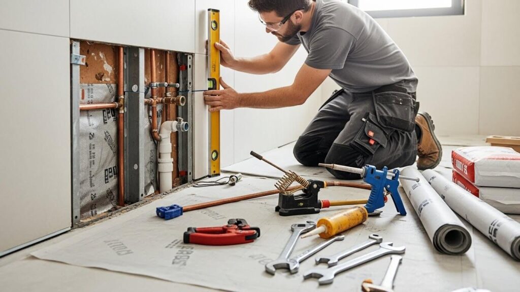professional bathroom installer working behind a partially tiled wall