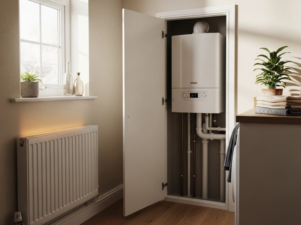 A realistic winter scene inside a Sheffield terraced home showing a modern boiler installed
