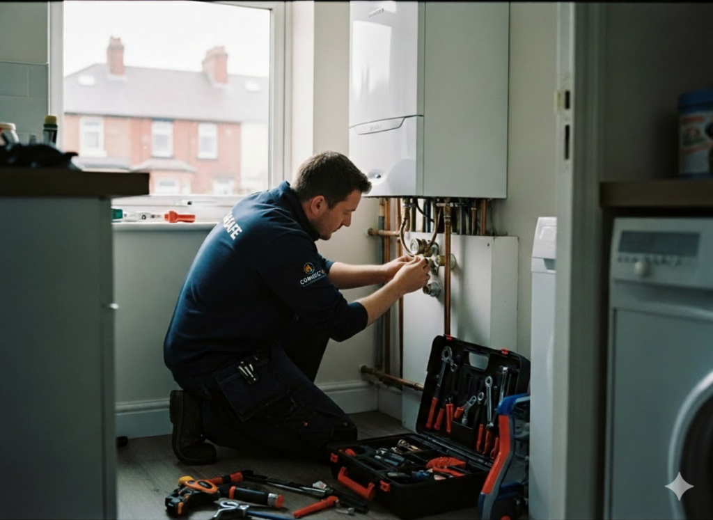 Professional Gas Safe engineer installing a modern boiler