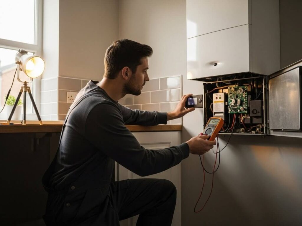 Professional boiler engineer inspecting a wall-mounted boiler