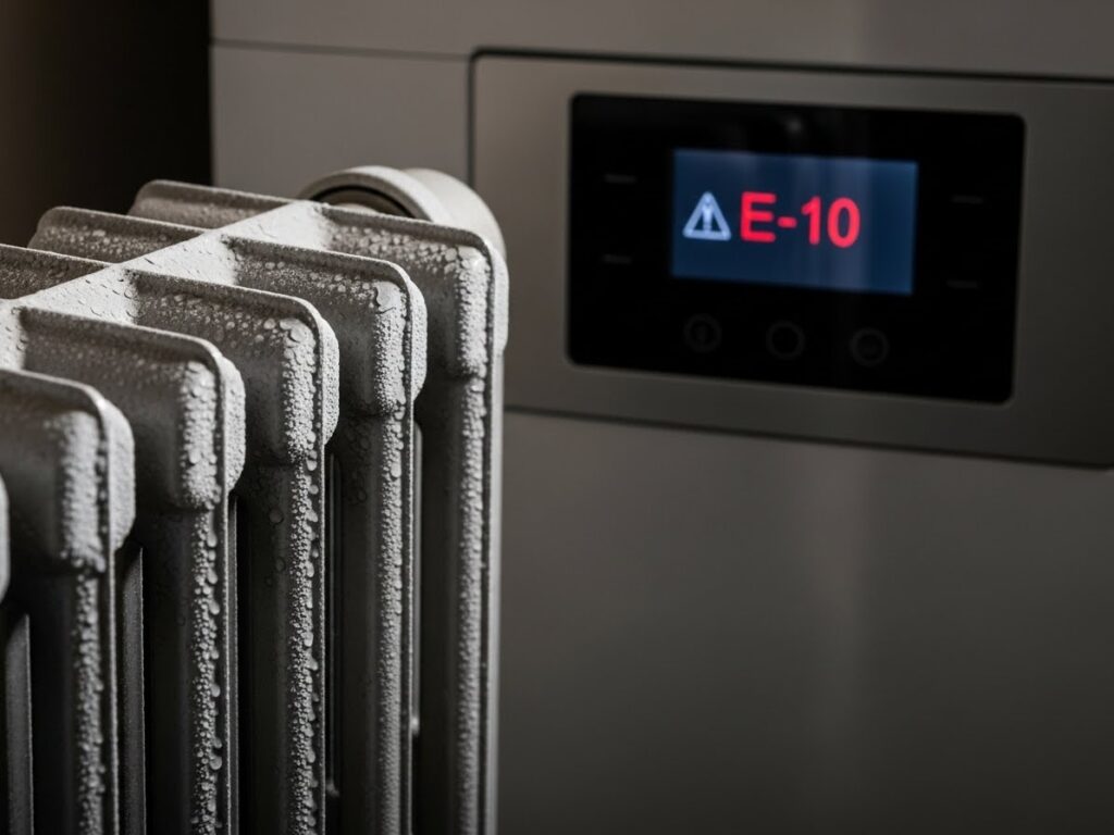showing radiators cold and a boiler display with an error code